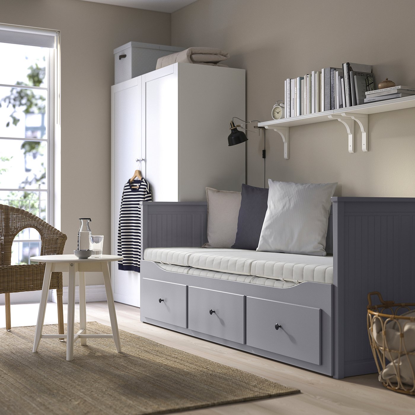 HEMNES ヘムネス デイベッド 引き出し3/マットレス2付き, グレー/オン