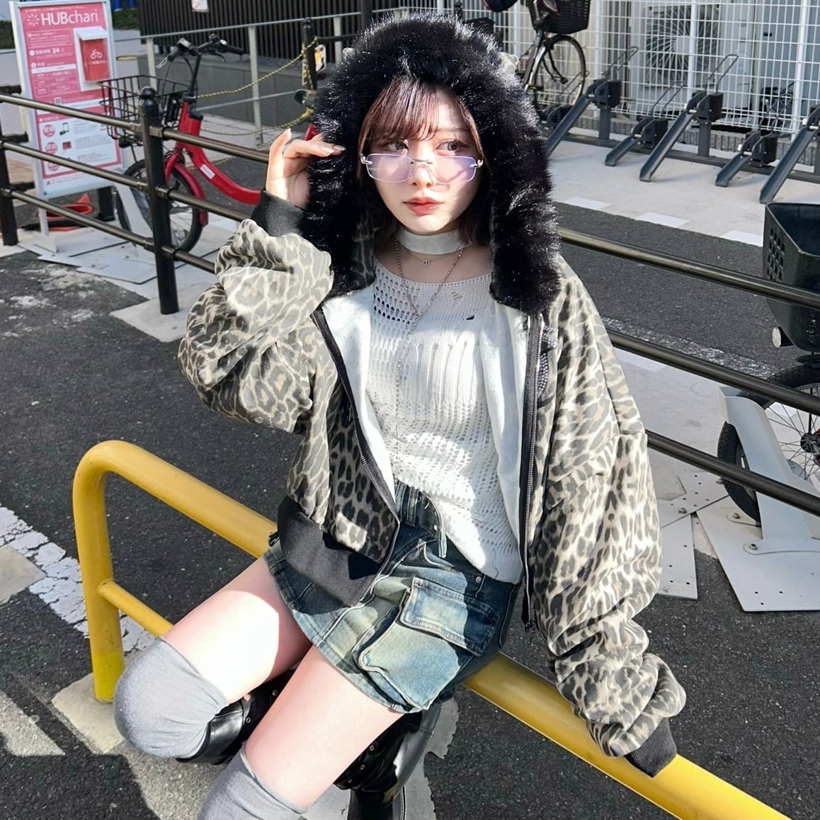 渋谷店で人気】ラインストーン ネコ耳レオパードファーZIPパーカー