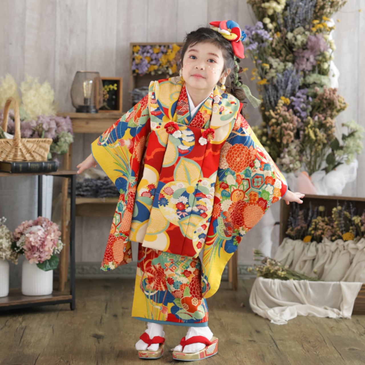 レンタル】七五三着物 3歳 女の子 ローリーズファーム 赤 黄色 【H312