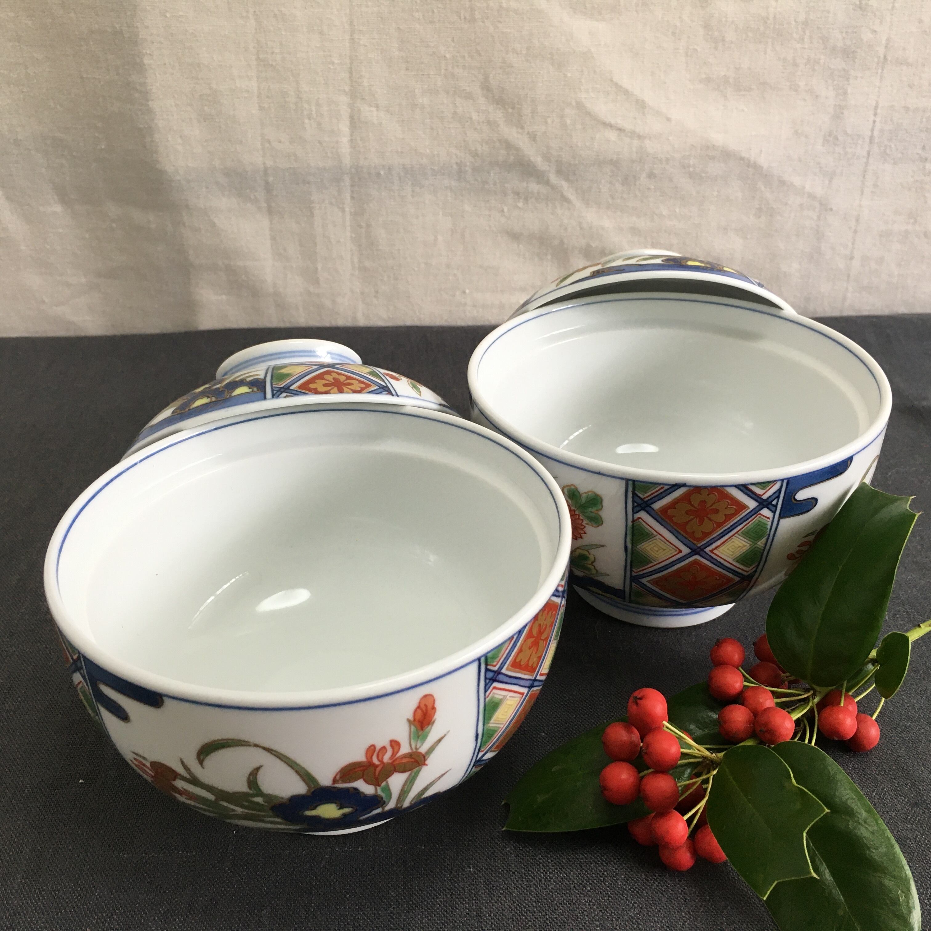 有田焼 染錦地紋草花 雑煮碗揃 其泉作4個セット | 古食器 ミモザ